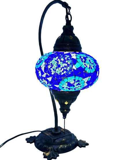 Turkish Moroccan Bedside Table Desk Lamp Handmade Unique Mosaic Glass Blue Circle Bronze Base with Led Bulb