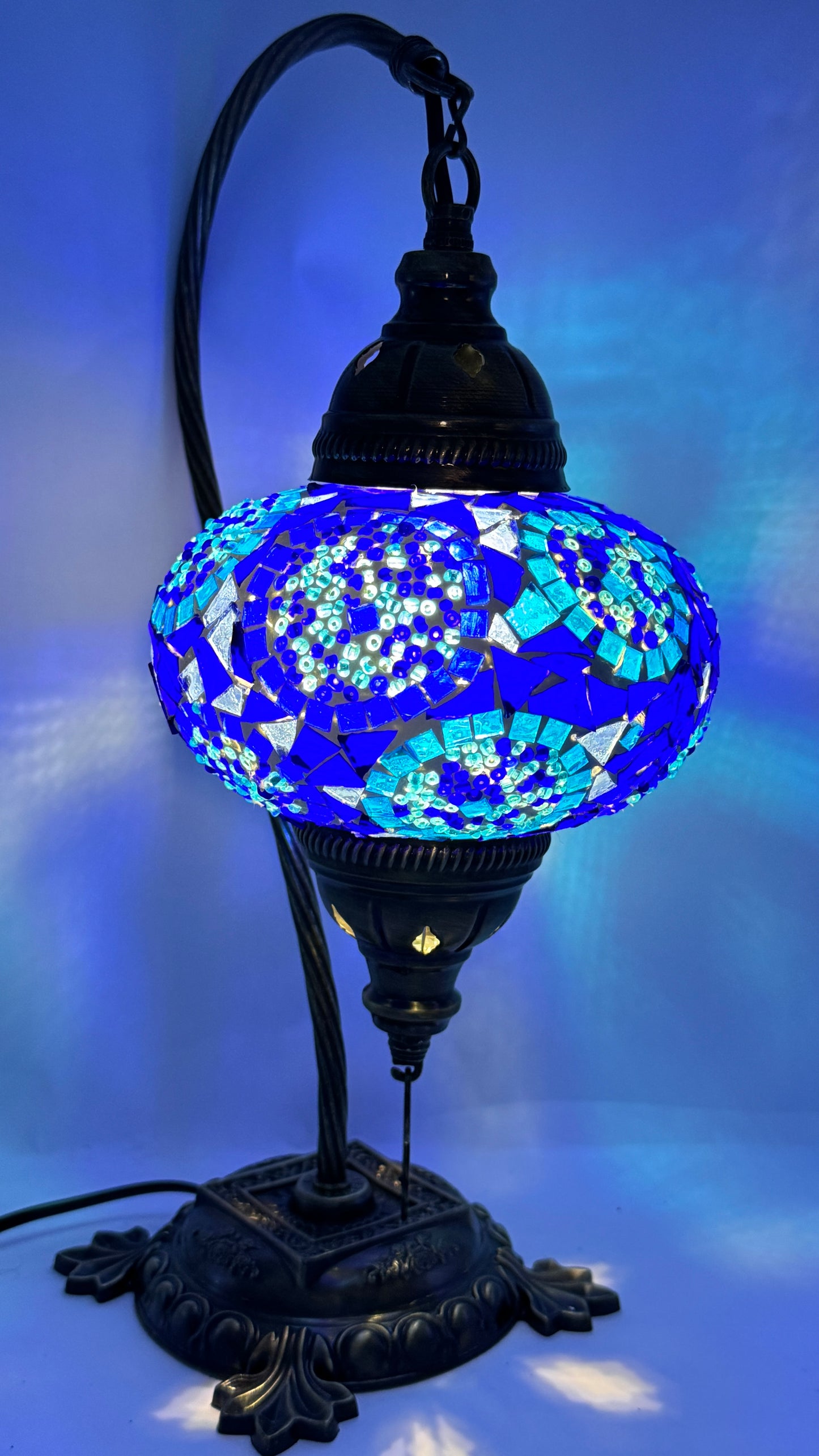 Turkish Moroccan Bedside Table Desk Lamp Handmade Unique Mosaic Glass Blue Circle Bronze Base with Led Bulb
