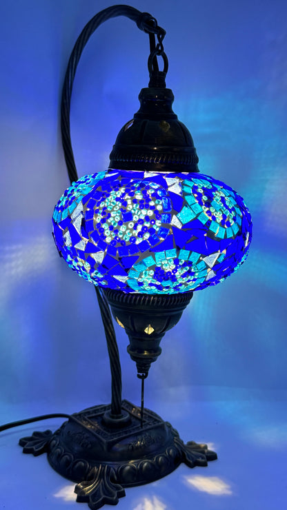 Turkish Moroccan Bedside Table Desk Lamp Handmade Unique Mosaic Glass Blue Circle Bronze Base with Led Bulb