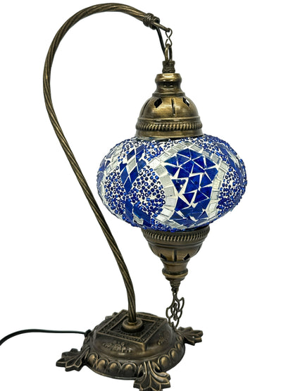 Turkish Bedside Table Desk Lamp Unique Mosaic Glass Blue Horizon Bronze Base with Led Bulb