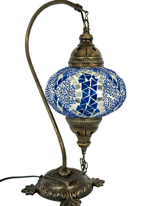 Turkish Bedside Table Desk Lamp Unique Mosaic Glass Blue Horizon Bronze Base with Led Bulb