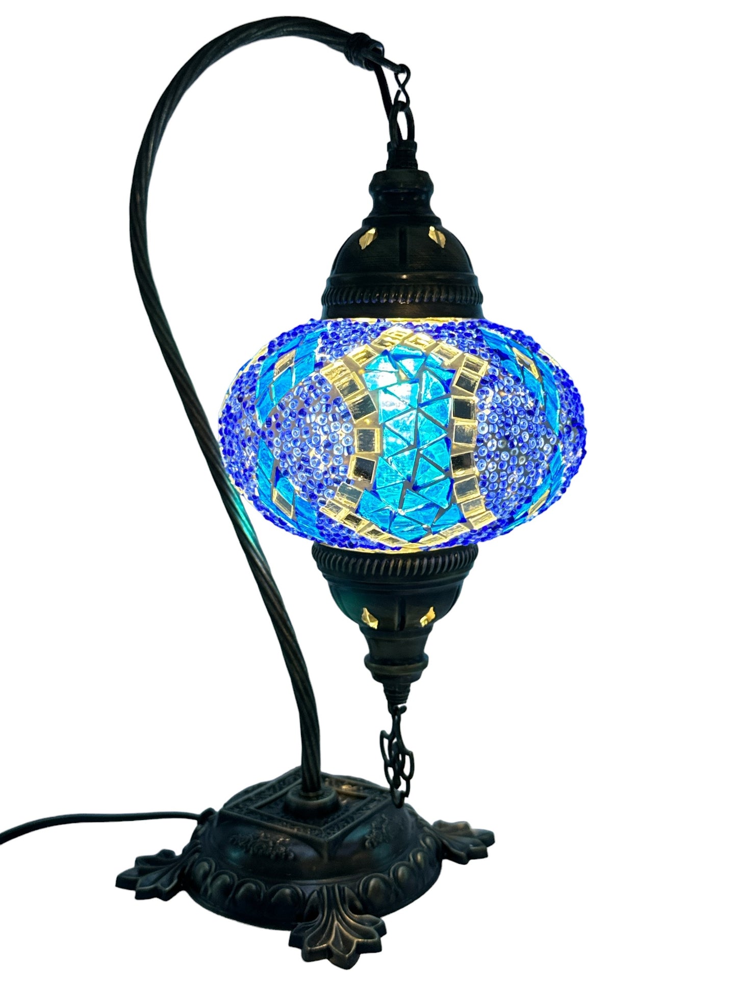 Turkish Bedside Table Desk Lamp Unique Mosaic Glass Blue Horizon Bronze Base with Led Bulb