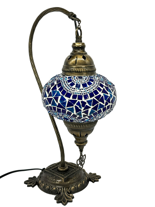 Turkish Bedside Table Desk Lamp Handmade Unique Mosaic Glass Blue Wave Bronze Base with Led Bulb