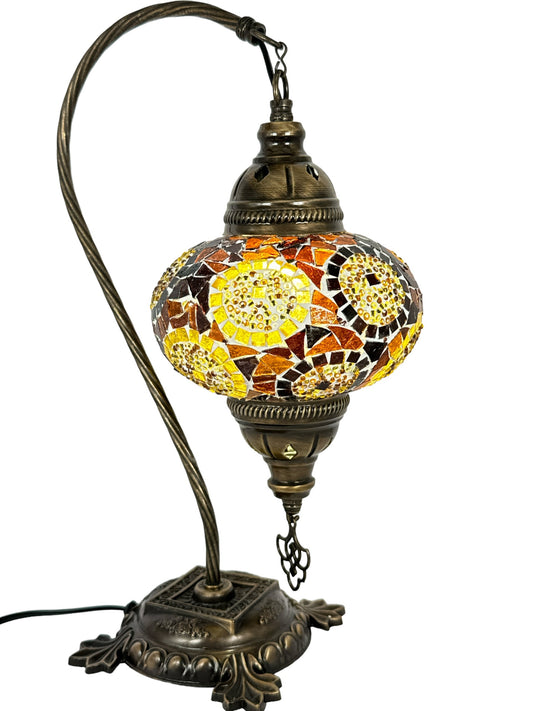 Turkish Moroccan Bedside Table Desk Lamp Handmade Unique Mosaic Glass Brown Circle Bronze Base with Led Bulb