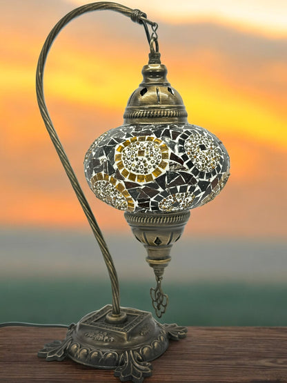 Turkish Moroccan Bedside Table Desk Lamp Handmade Unique Mosaic Glass Brown Circle Bronze Base with Led Bulb