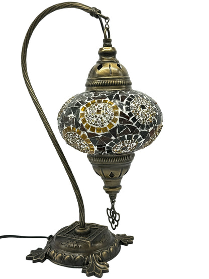 Turkish Moroccan Bedside Table Desk Lamp Handmade Unique Mosaic Glass Brown Circle Bronze Base with Led Bulb