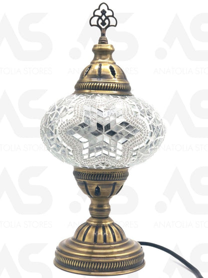 Turkish Mosaic Standard Bedside Table Desk Lamp White Unique Glass Lamp Bronze Base with Led Bulb