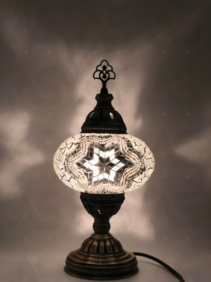 Turkish Mosaic Standard Bedside Table Desk Lamp White Unique Glass Lamp Bronze Base with Led Bulb
