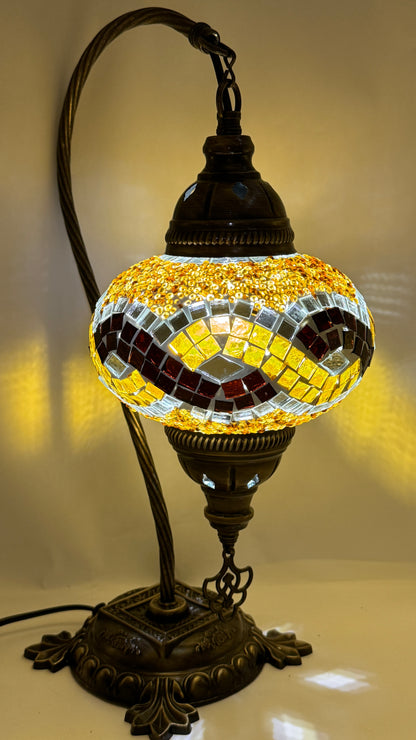 Turkish Bedside Table Desk Lamp Unique Mosaic Glass Brown Wave Bronze Base with Led Bulb