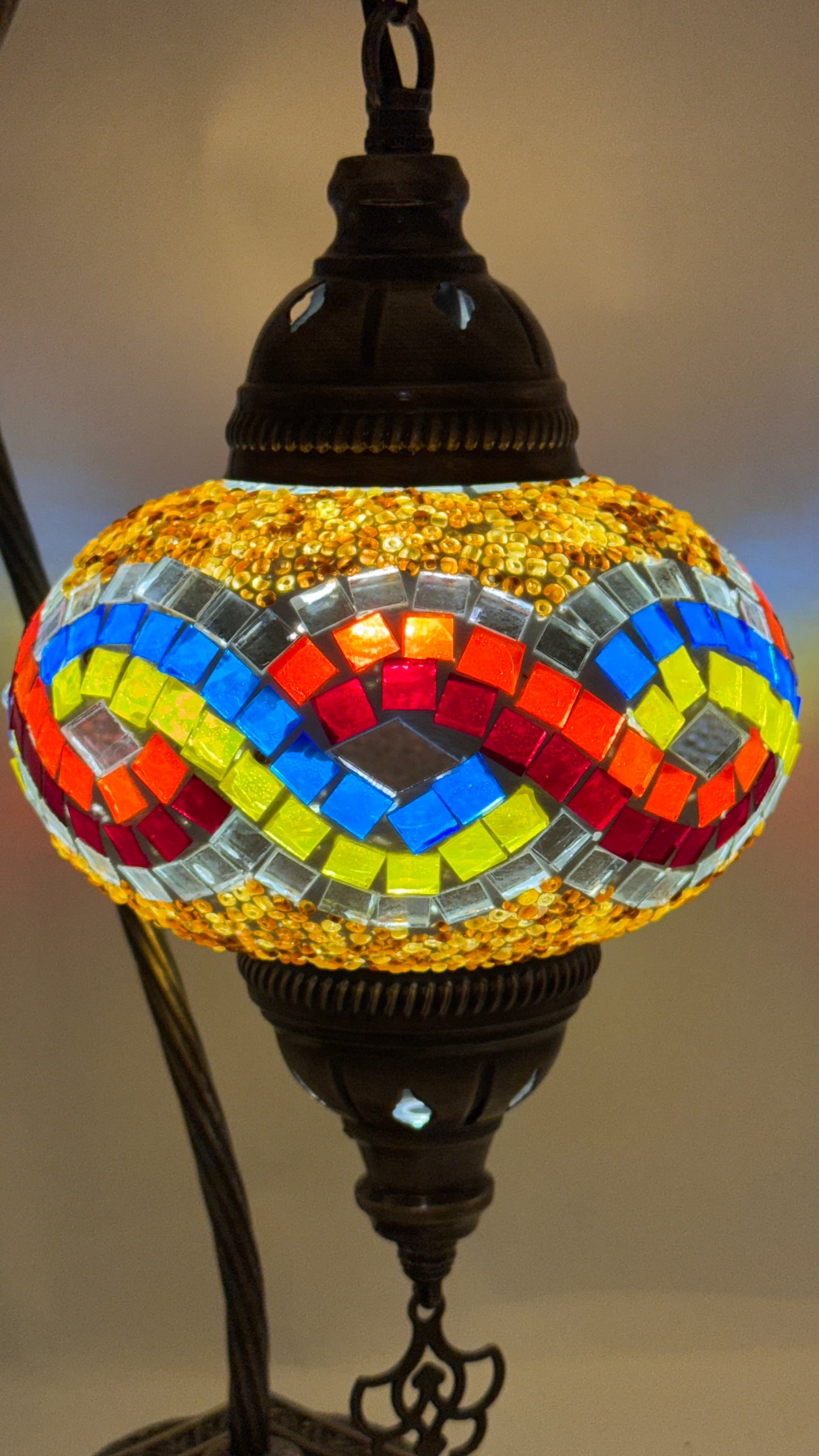 Turkish Bedside Table Desk Lamp Handmade Unique Mosaic Glass Rainbow Wave Bronze Base with Led Bulb