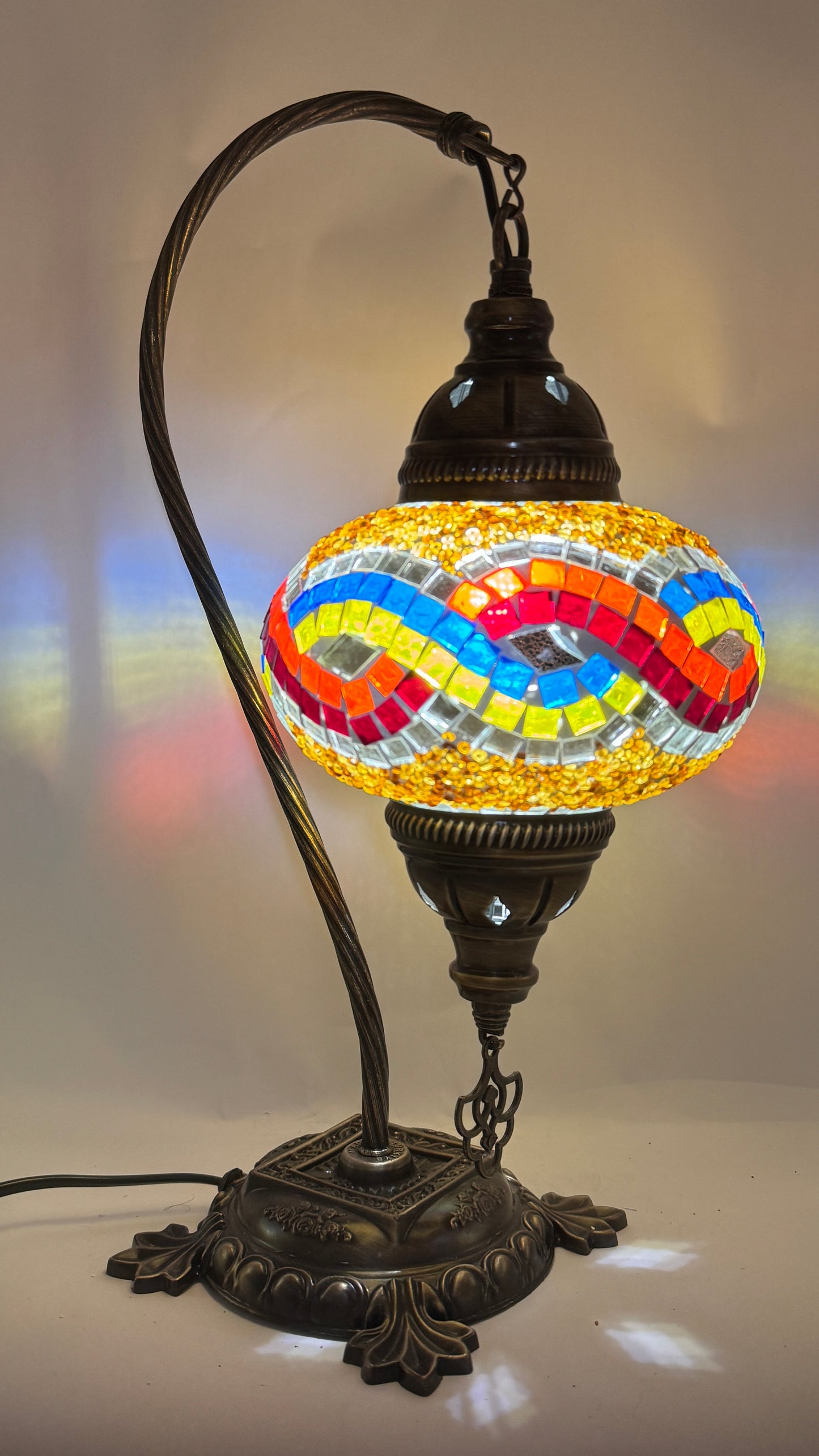Turkish Bedside Table Desk Lamp Handmade Unique Mosaic Glass Rainbow Wave Bronze Base with Led Bulb