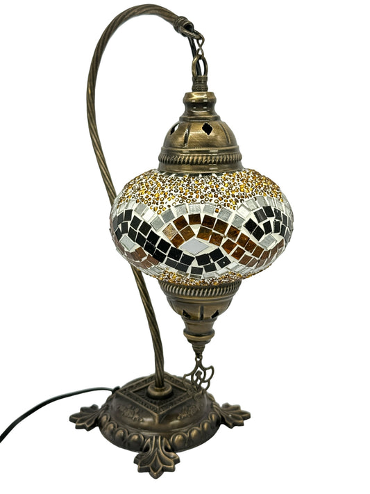 Turkish Bedside Table Desk Lamp Unique Mosaic Glass Brown Wave Bronze Base with Led Bulb