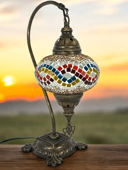 Turkish Bedside Table Desk Lamp Handmade Unique Mosaic Glass Rainbow Wave Bronze Base with Led Bulb