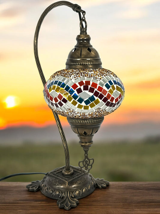 Turkish Bedside Table Desk Lamp Handmade Unique Mosaic Glass Rainbow Wave Bronze Base with Led Bulb