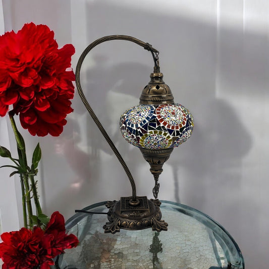 Turkish Bedside Table Desk Lamp Unique Mosaic Glass Mix Colour Bronze Base with Led Bulb
