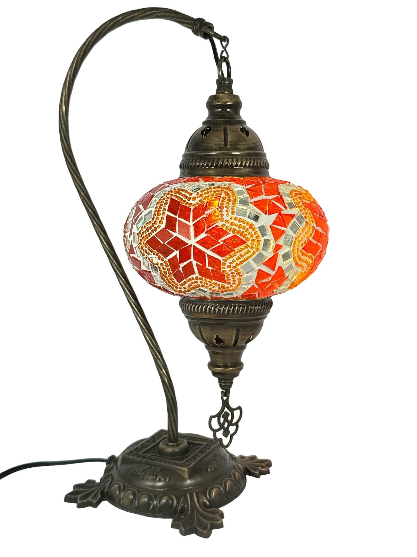 Turkish Bedside Table Desk Lamp Handmade Unique Mosaic Glass Orange Star Bronze Base with Led Bulb