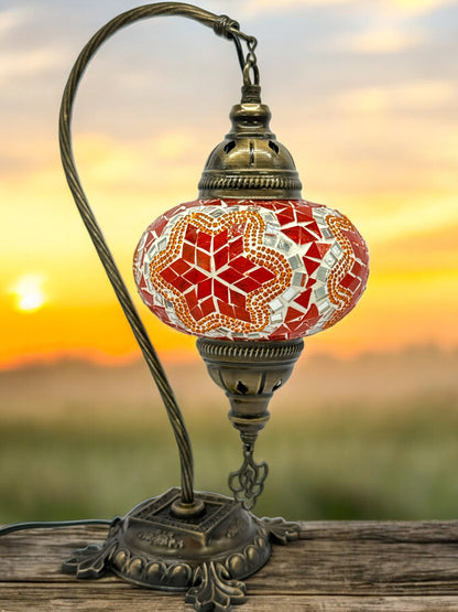Turkish Bedside Table Desk Lamp Handmade Unique Mosaic Glass Orange Star Bronze Base with Led Bulb