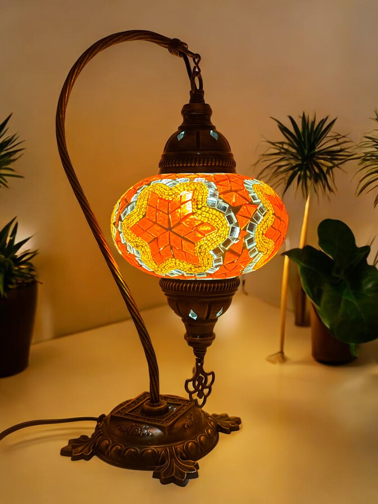 Turkish Bedside Table Desk Lamp Handmade Unique Mosaic Glass Orange Star Bronze Base with Led Bulb
