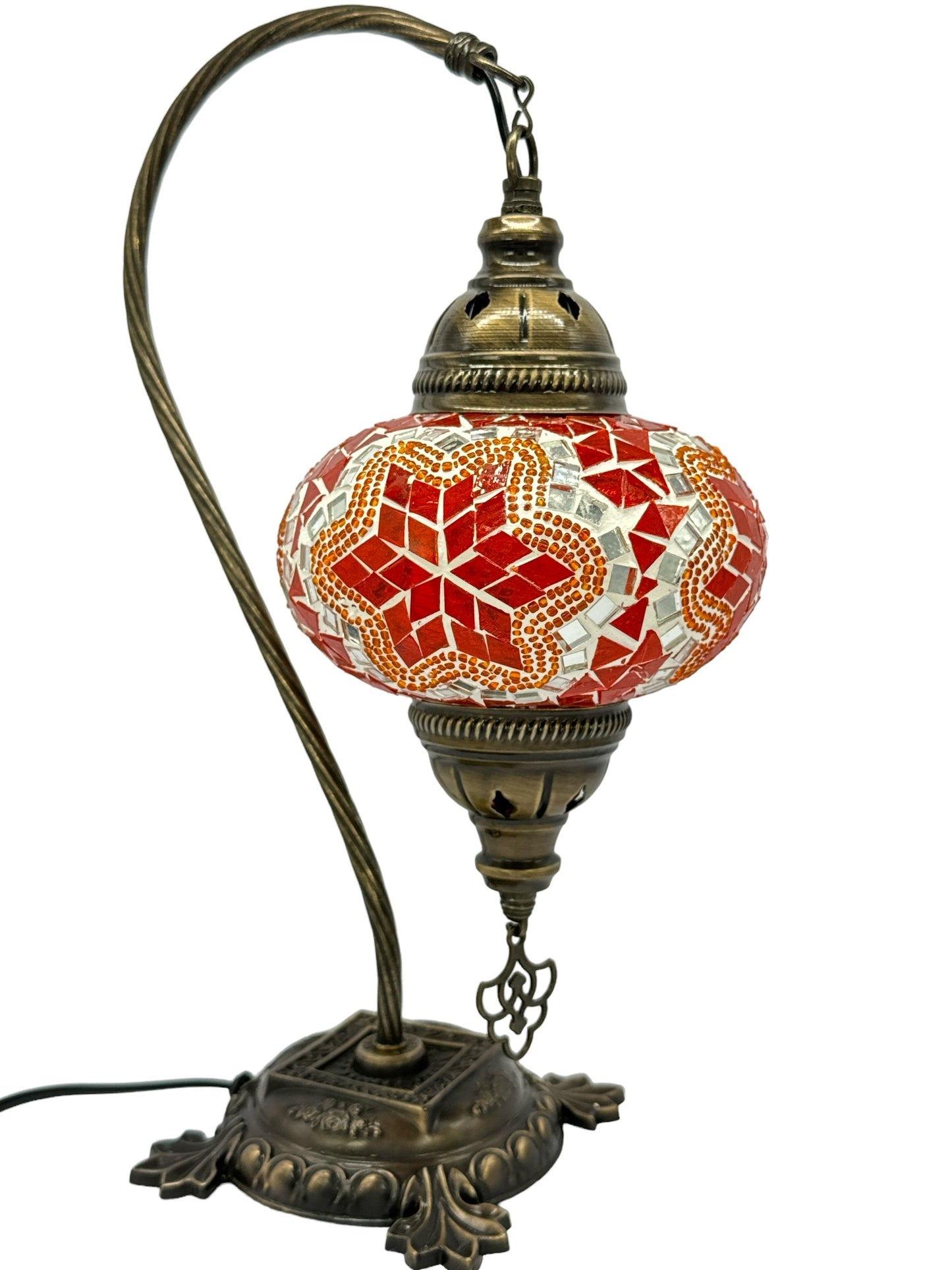 Turkish Bedside Table Desk Lamp Handmade Unique Mosaic Glass Orange Star Bronze Base with Led Bulb