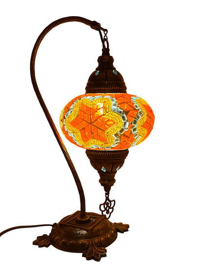 Turkish Bedside Table Desk Lamp Handmade Unique Mosaic Glass Orange Star Bronze Base with Led Bulb