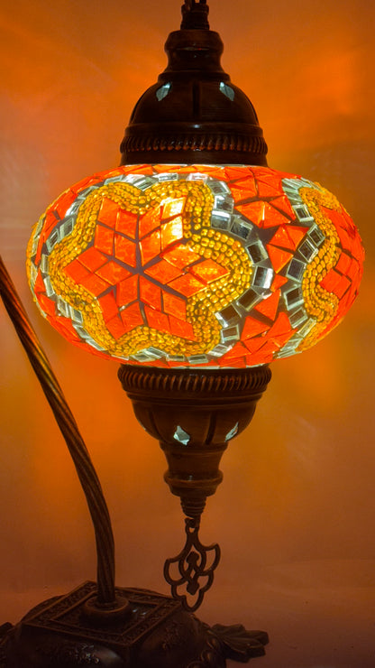 Turkish Bedside Table Desk Lamp Handmade Unique Mosaic Glass Orange Star Bronze Base with Led Bulb