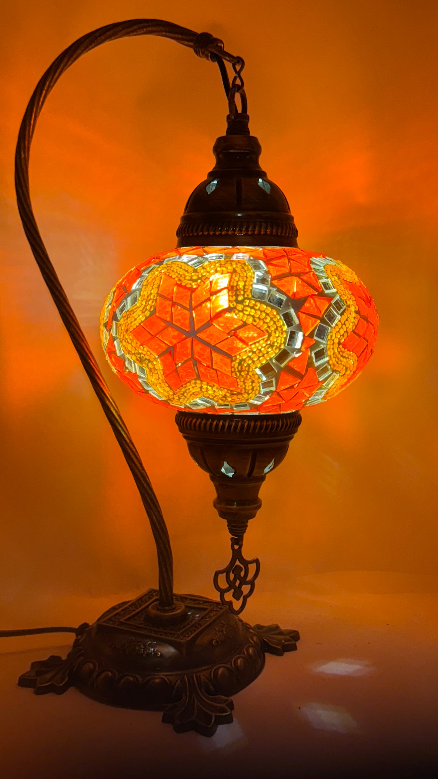 Turkish Bedside Table Desk Lamp Handmade Unique Mosaic Glass Orange Star Bronze Base with Led Bulb
