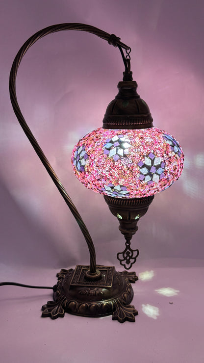 Turkish Bedside Table Desk Lamp Handmade Unique Mosaic Glass Pink Mini Star Bronze Base with Led Bulb