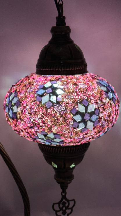 Turkish Bedside Table Desk Lamp Handmade Unique Mosaic Glass Pink Mini Star Bronze Base with Led Bulb