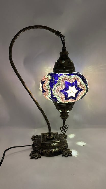 Turkish Bedside Table Desk Lamp Handmade Unique Mosaic Glass Purple Star Bronze Base with Led Bulb