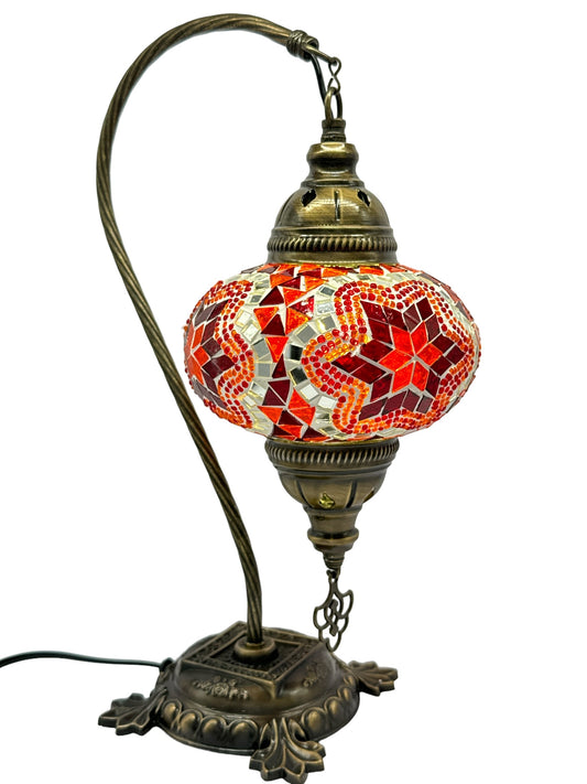 Turkish Bedside Table Desk Lamp Handmade Unique Mosaic Glass Red Star Bronze Base with Led Bulb