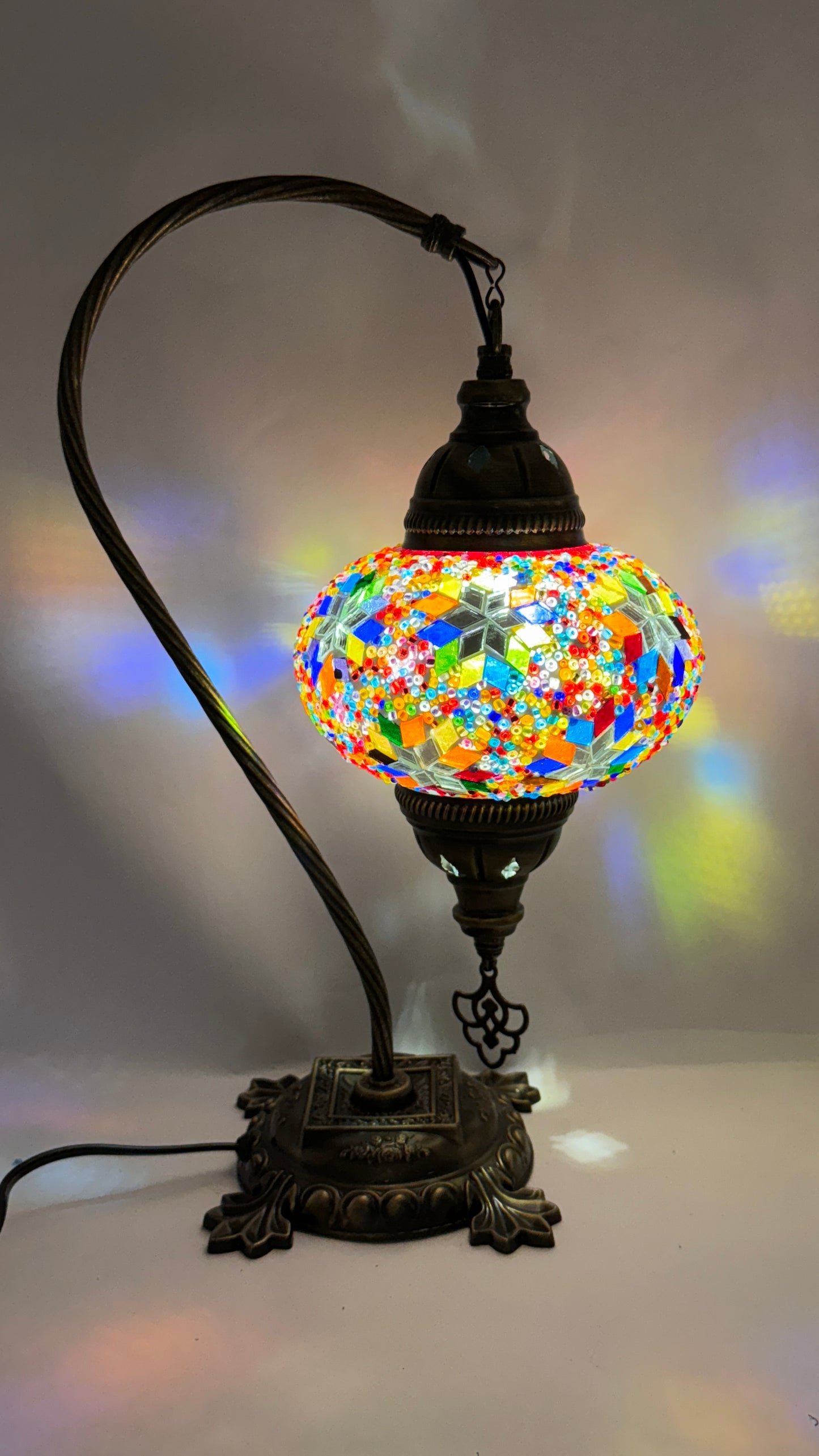 Turkish Bedside Table Desk Lamp Handmade Unique Mosaic Glass Star Mix Multicolour Bronze Base with Led Bulb