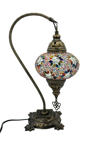 Turkish Bedside Table Desk Lamp Handmade Unique Mosaic Glass Star Mix Multicolour Bronze Base with Led Bulb