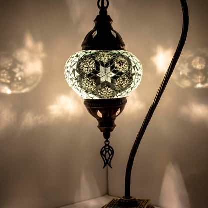 Turkish Bedside Table Desk Lamp Unique Mosaic Glass White Lamp Bronze Base with Led Bulb