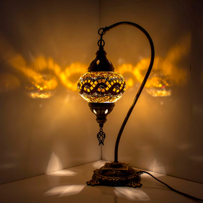 Turkish Moroccan Bedside Table Desk Lamp Handmade Unique Mosaic Glass Brown Lamp Bronze Base with Led Bulb