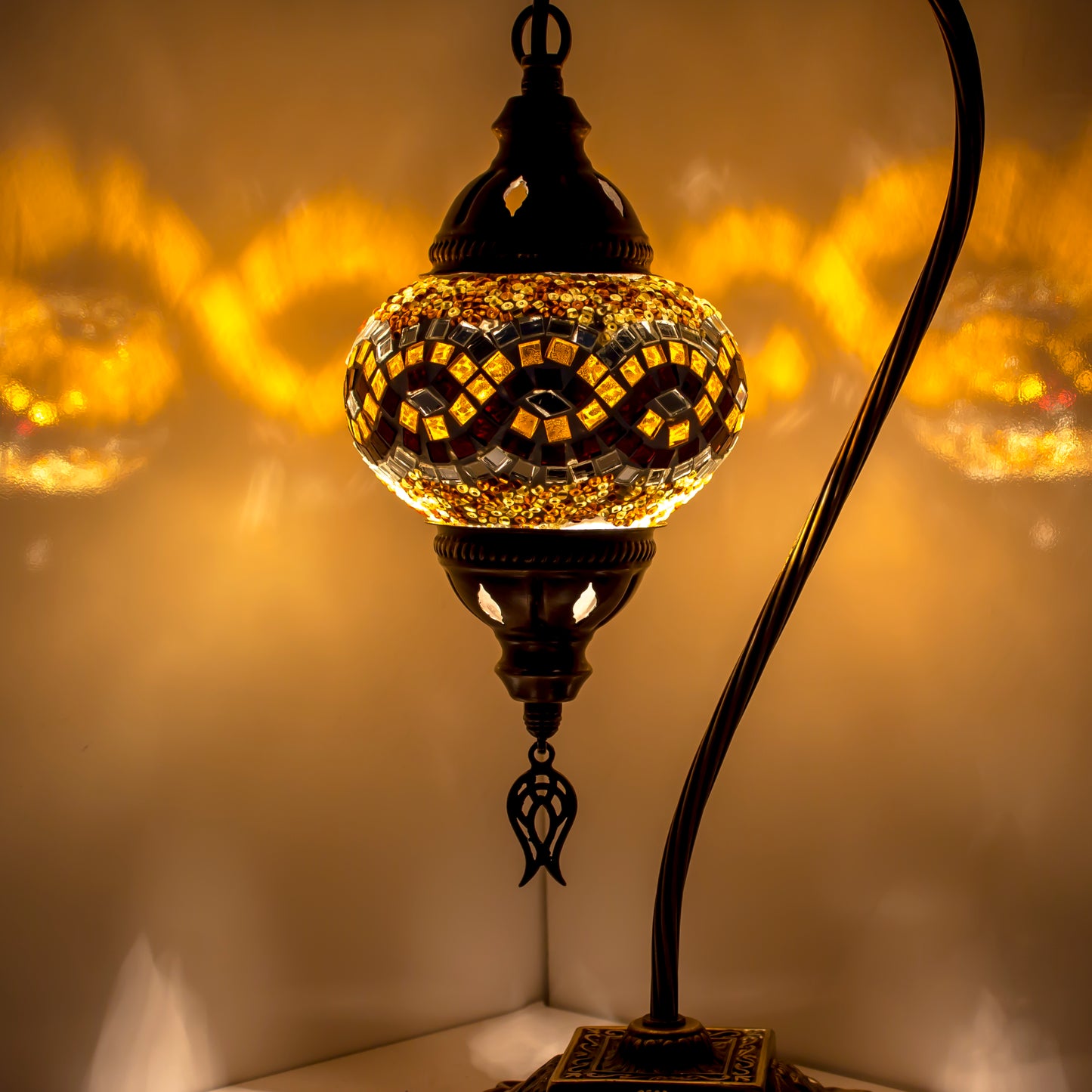 Turkish Moroccan Bedside Table Desk Lamp Handmade Unique Mosaic Glass Brown Lamp Bronze Base with Led Bulb