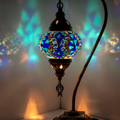 Turkish Bedside Table Desk Lamp Unique Mosaic Glass Blue Lamp Bronze Base with Led Bulb