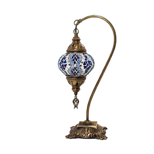 Turkish Bedside Table Desk Lamp Unique Mosaic Glass Blue Lamp Bronze Base with Led Bulb