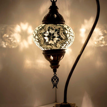 Turkish Bedside Table Desk Lamp Unique Mosaic Glass White Lamp Bronze Base with Led Bulb