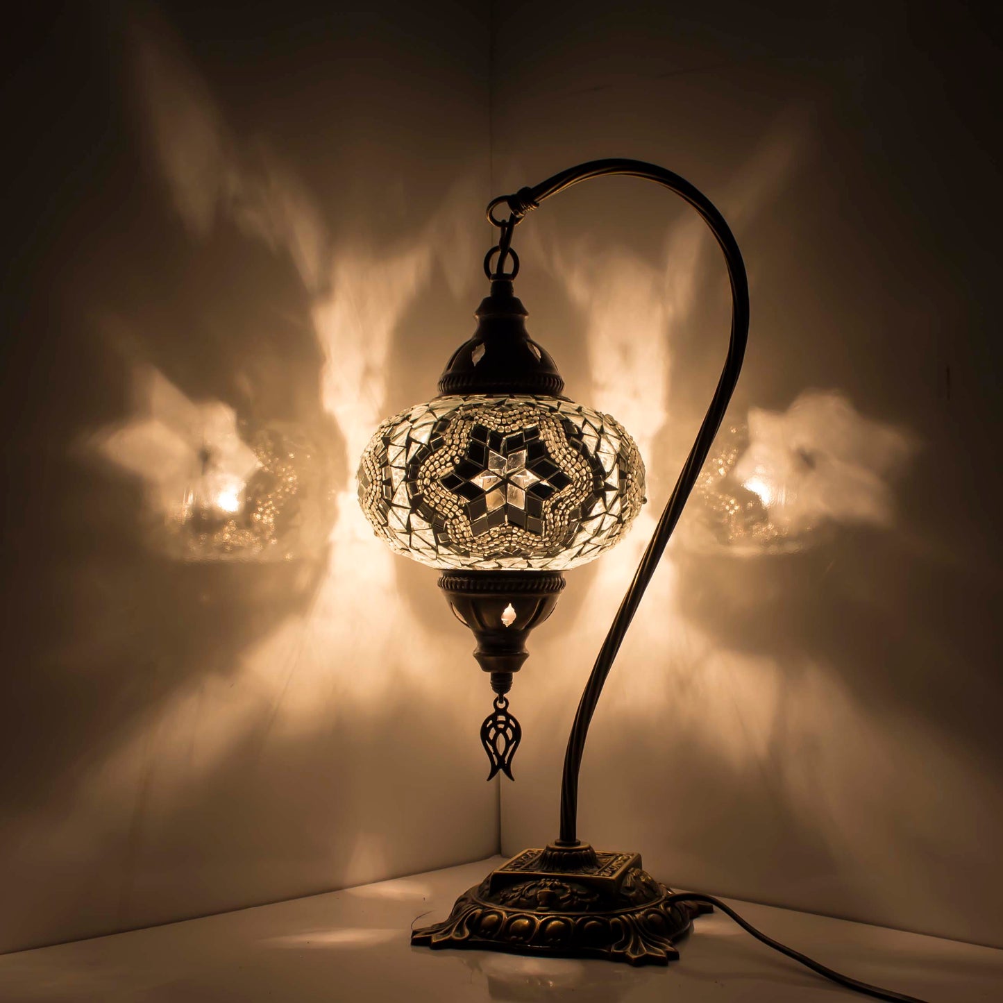 Turkish Bedside Table Desk Lamp Unique Mosaic Glass White Lamp Bronze Base with Led Bulb