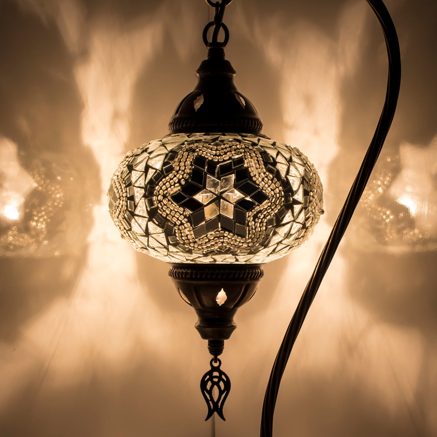 Turkish Bedside Table Desk Lamp Unique Mosaic Glass White Lamp Bronze Base with Led Bulb