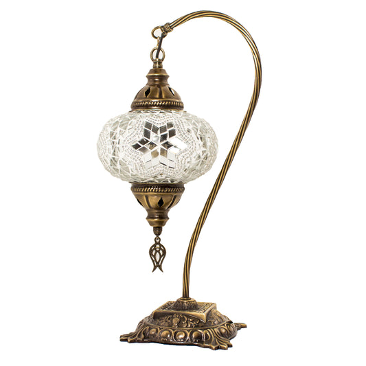 Turkish Bedside Table Desk Lamp Unique Mosaic Glass White Lamp Bronze Base with Led Bulb