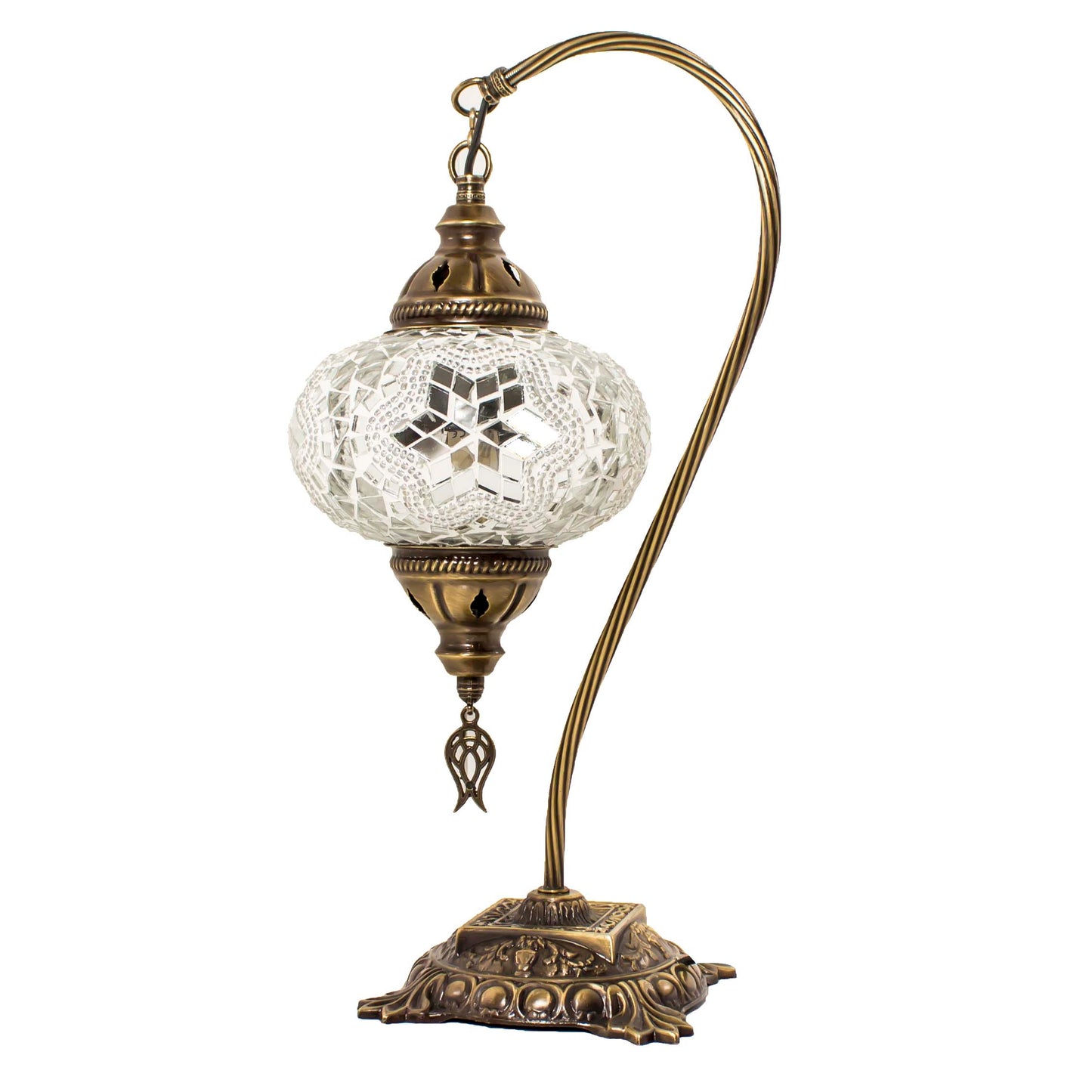 Turkish Bedside Table Desk Lamp Unique Mosaic Glass White Lamp Bronze Base with Led Bulb