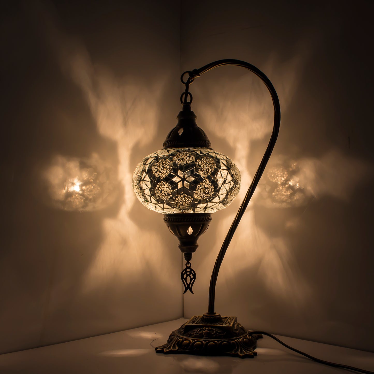 Turkish Bedside Table Desk Lamp Unique Mosaic Glass White Lamp Bronze Base with Led Bulb