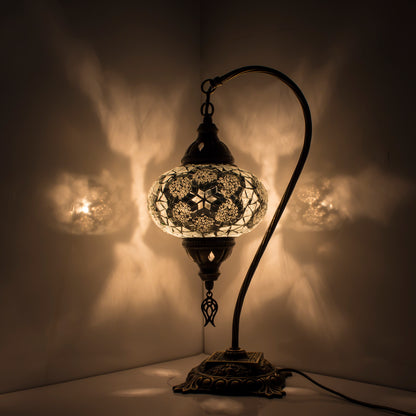 Turkish Bedside Table Desk Lamp Unique Mosaic Glass White Lamp Bronze Base with Led Bulb