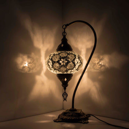 Turkish Bedside Table Desk Lamp Unique Mosaic Glass White Lamp Bronze Base with Led Bulb