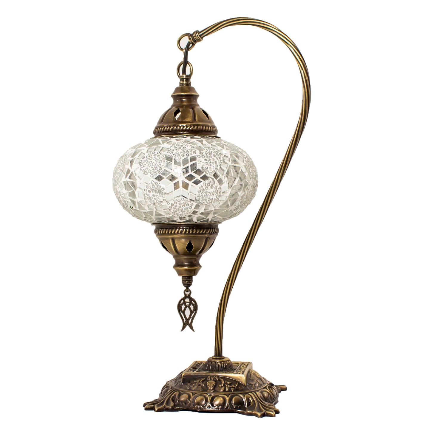 Turkish Bedside Table Desk Lamp Unique Mosaic Glass White Lamp Bronze Base with Led Bulb