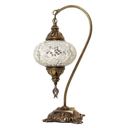 Turkish Bedside Table Desk Lamp Unique Mosaic Glass White Lamp Bronze Base with Led Bulb