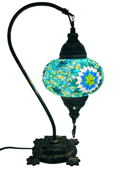 Turkish Bedside Table Desk Lamp Unique Mosaic Glass Turquoise Lamp Bronze Base with Led Bulb
