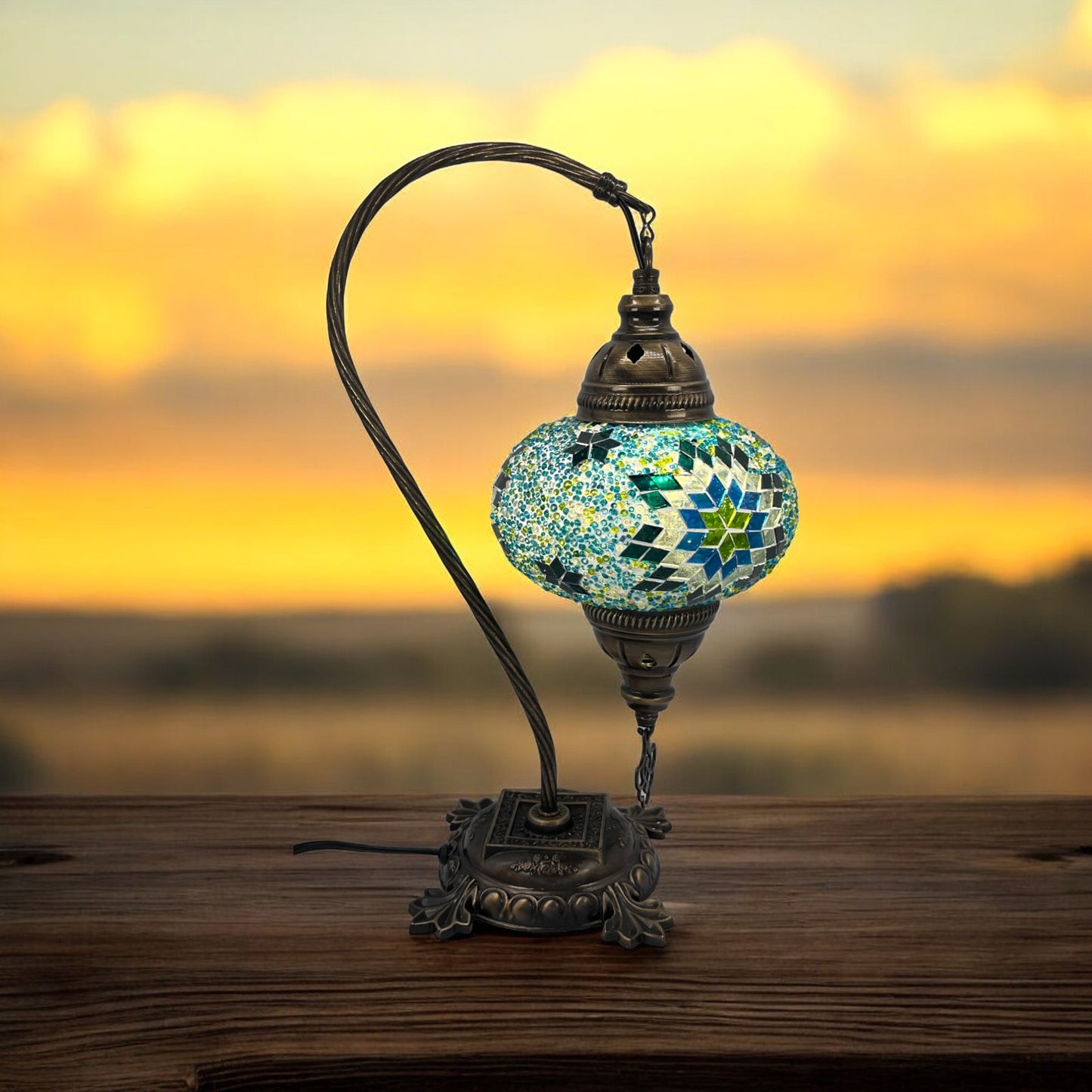 Turkish Bedside Table Desk Lamp Unique Mosaic Glass Turquoise Lamp Bronze Base with Led Bulb