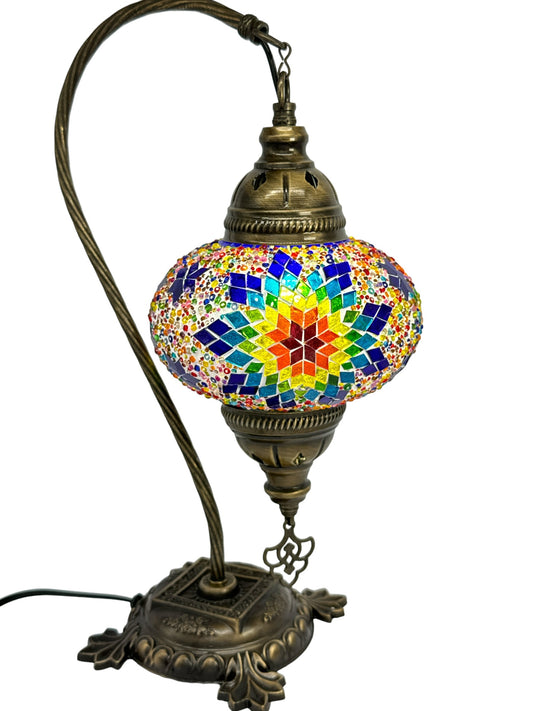 Turkish Bedside Table Desk Lamp Unique Mosaic Glass Multicolour Yellow Lamp Bronze Base with Led Bulb